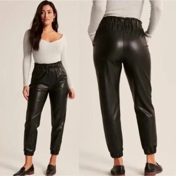 Abercrombie & Fitch‎ A&F Vegan Leather Paperbag Waist Jogger Black Pant Large - Picture 1 of 7